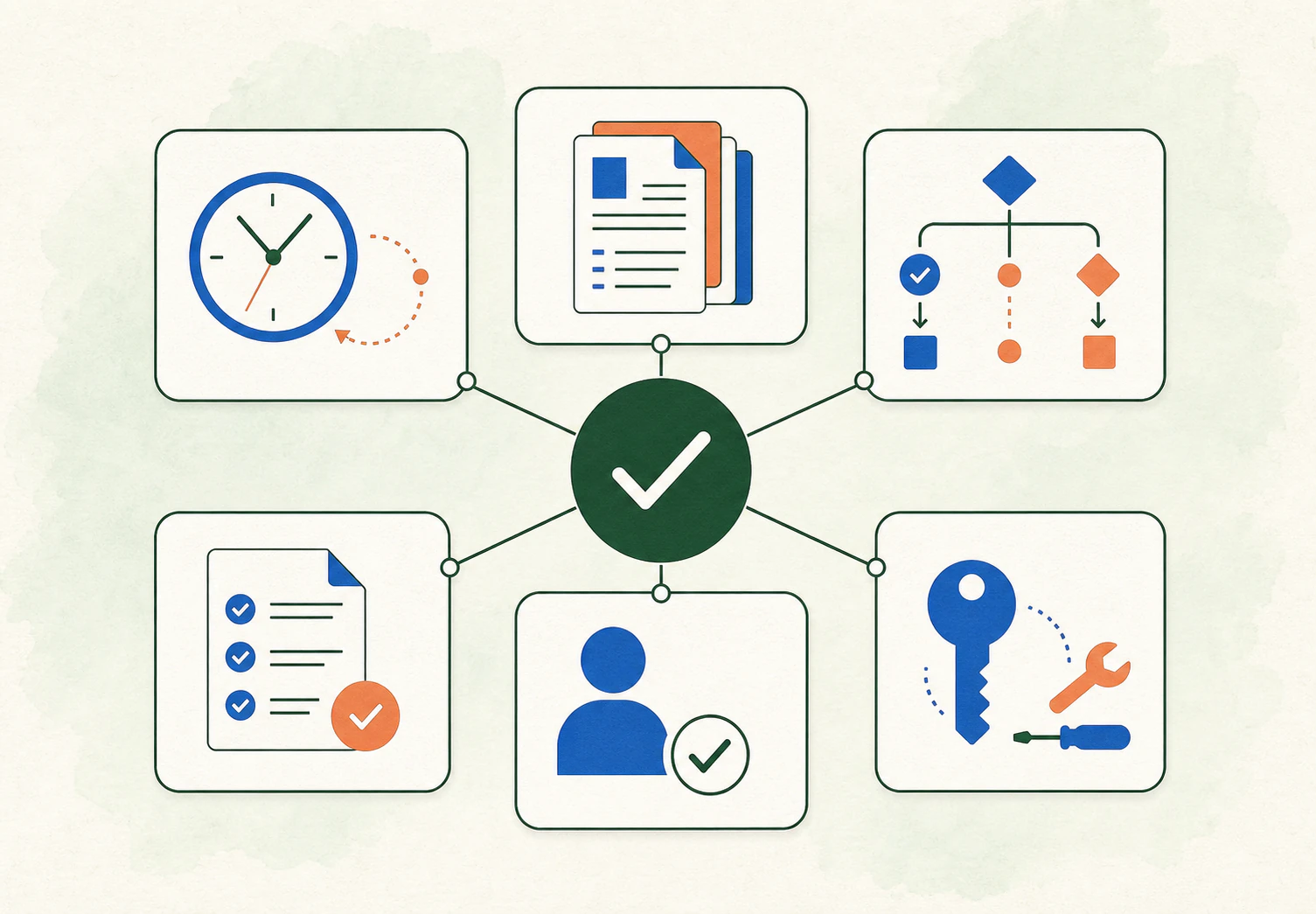 Six parts of an accountable recurring process: trigger and schedule, relevant context, rules and exceptions, tools and access, review and ownership, and proof of completion.