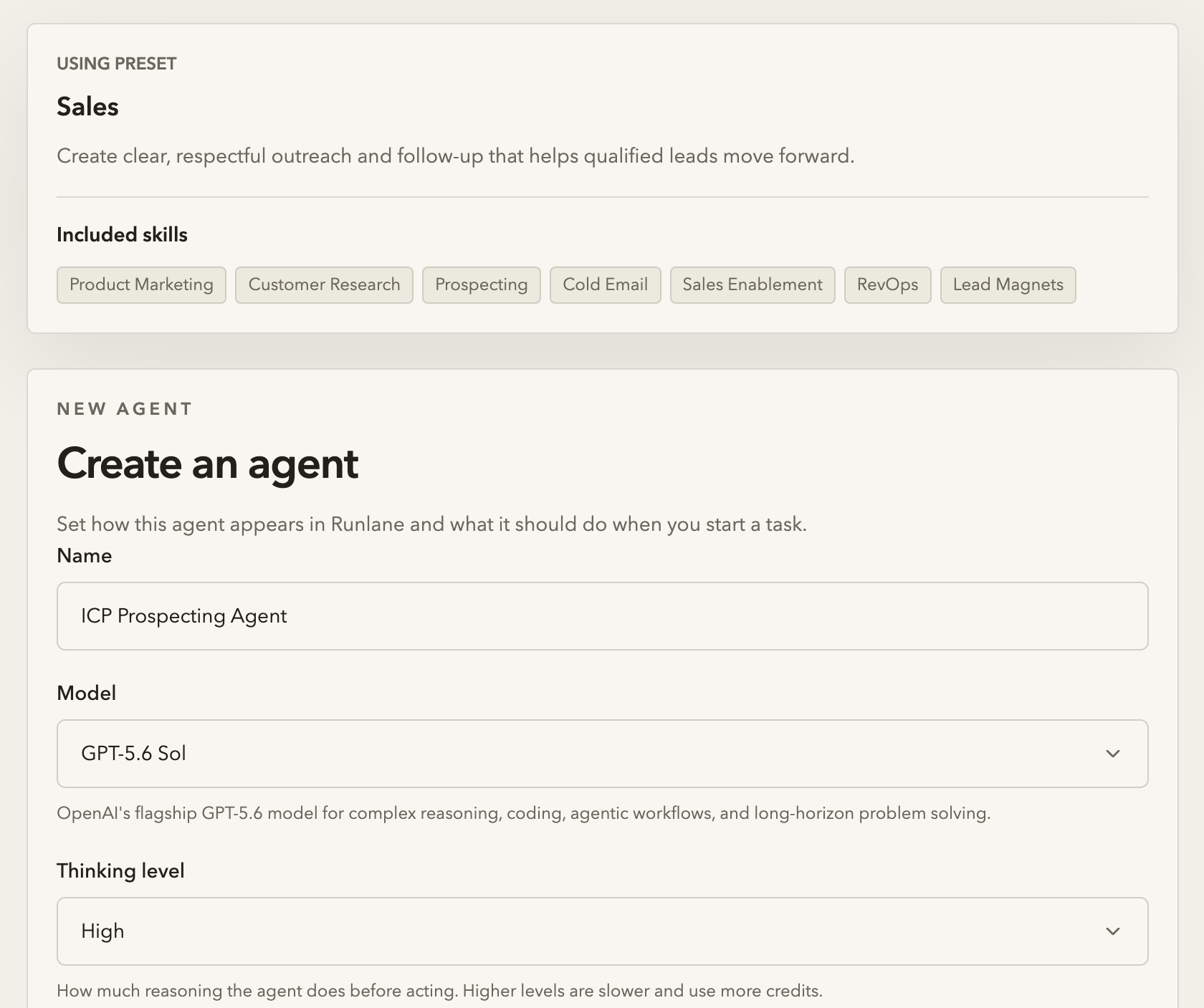 Runlane Agent presets by role