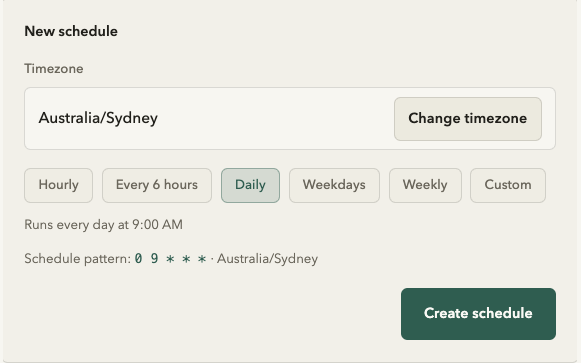 Runlane New schedule form set to daily at 9:00 AM
