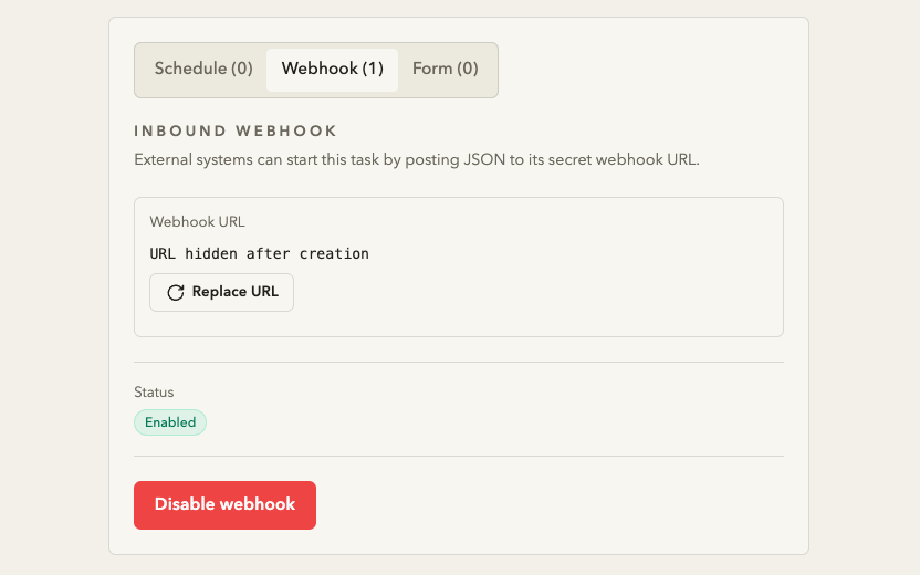Runlane task trigger settings with an enabled inbound webhook