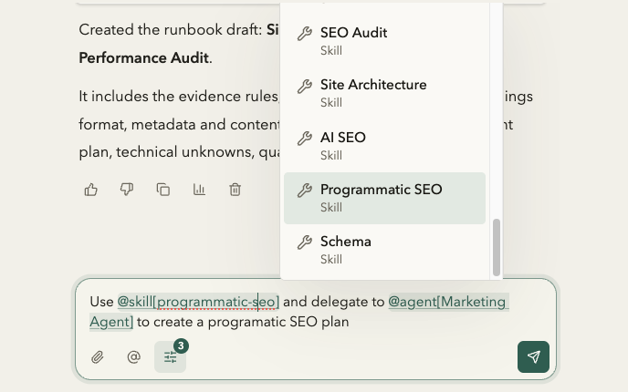 Runlane Copilot using a skill and agent to create an SEO plan