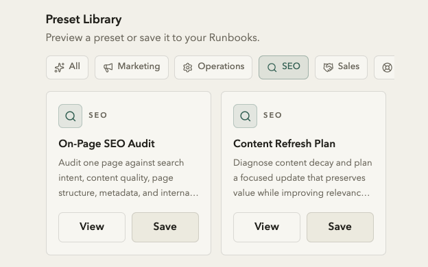 Runlane Preset Library with SEO Runbooks available to preview or save