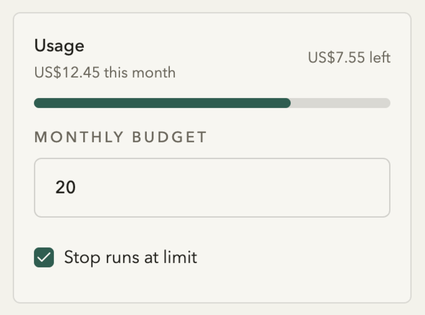 Monthly usage and budget controls in Runlane