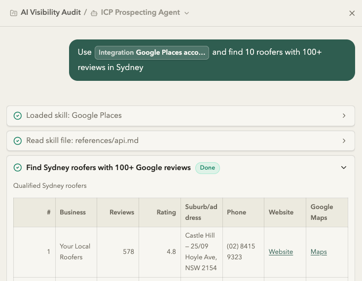 AI Visibility Audit agent using a Google Places account to find Sydney roofers with 100+ reviews